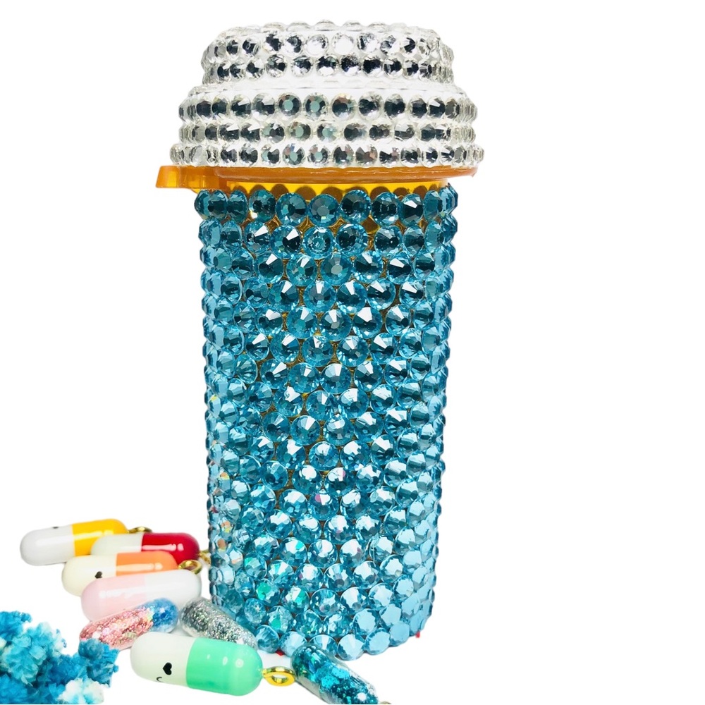 Handmade Swarovski Crystal Aquamarine Pill Bottle, 20 Dram